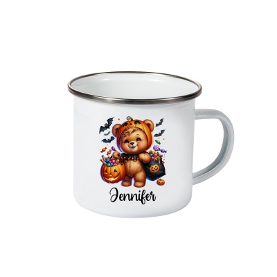 Tazza smaltata con design di simpatici animali di Halloween con nome personalizzato, tazza per acqua in acciaio inossidabile da 11 once, bomboniera per feste di Halloween, regalo di Halloween per bambini/ragazzi/ragazze