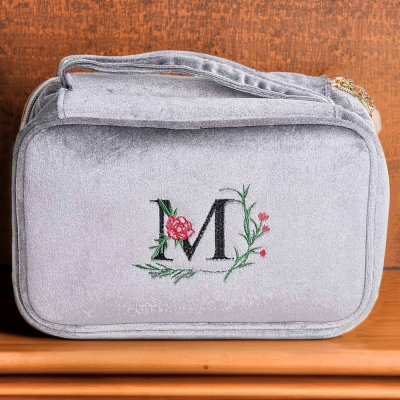 Custom Initial Birth Flower Cosmetic Bag, Velvet Embroidered Makeup Pouch with Zipper, Bridal Party Favor, Birthday/Wedding Gift for Her/Best Friends