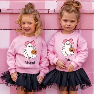 Sweat-shirt graphique effrayant d'Halloween pour enfants avec nom personnalisé, chemise fantôme de fille à nœud rose avec citrouille, sweat-shirt pour tout-petits, cadeau d'Halloween pour filles/enfants