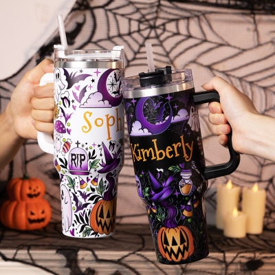 Personalized Name Halloween Ghost Pumpkin Tumbler, 40oz Stainless Steel Halloween Spooky Tumbler with Lid & Straw, Halloween Gift for Family/Friends