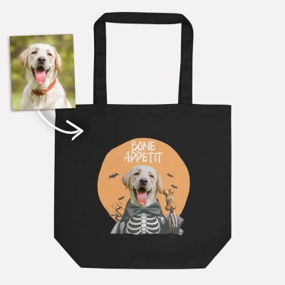 Sac fourre-tout photo personnalisé Halloween, sac en coton avec portrait d'animal de compagnie avec symbole d'Halloween, sac écologique de grande capacité, cadeau d'Halloween pour amoureux des animaux/maman de chien