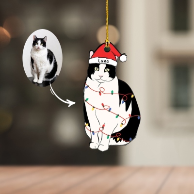 Personalized Photo Santa Hat Pet Ornament, Acrylic Dog/Cat Hanging Decor, Christmas Tree Ornament, Christmas Gift for Pet Lovers/Cat Mom/Dog Dad