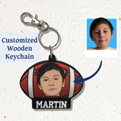 Custom Name & Photo Sports Keychain, Wooden Football/Basketball/Rugby/Baseball Shaped Keychain, Birthday/Children's Day Gift for Sports Lovers/Kids