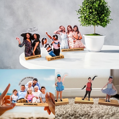 Custom Family Photo Statuette, Personalized Acrylic Family Portrait Cutout Sign with Wooden Base, Birthday/Anniversary/Christmas Gift for Family