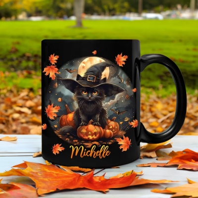 Personalized Name Black Cat with Pumpkin Halloween Mug, Cute Spooky Cat Ceramic Mug, Autumn Cat Mug, Halloween Gift for Cat Lovers/Family/Friends