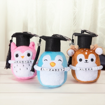 Personalized Name Graduation Capped Stuffed Animal Keychain, Class of 2024 Squish Animal Plush Charm Keyring, Graduation Gift for Graduates/Friends