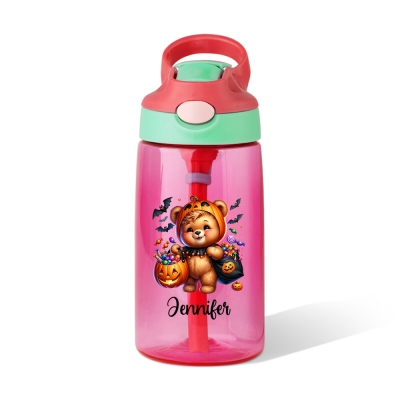 Wasserflasche mit personalisiertem Namen und Halloween-Tiere-Design, 16 oz PC-Kunststoff-Umweltfreundlicher Kinderbecher mit Strohhalm, Halloween-/Schulanfangsgeschenk für Kinder