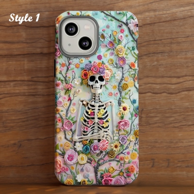 Spooky Floral Skeleton 3D-präglat telefonfodral, Gothic Cottagecore-telefonfodral för iPhone/Samsung Galaxy/Google Pixel, Halloween-present till familj/vänner