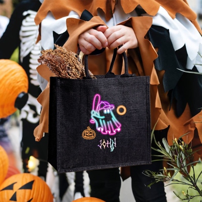 Personalized Name Neon Pumpkin Ghost Design Tote Bag, Large Capacity Linen Handbag, Spooky Trick or Treat Bag, Halloween Gift for Kids/Teens/Family