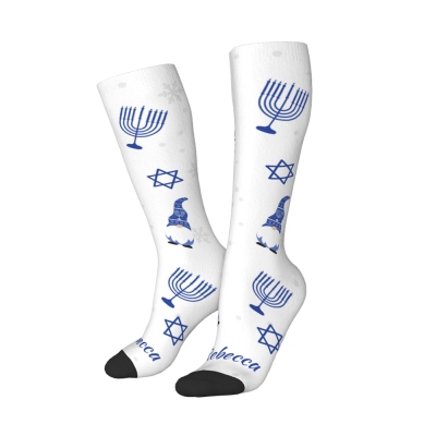 Personalized Name Hanukkah Spirit Adult Socks, Menorah Gnome Pattern Unisex Socks, Soft Crew/Long Socks, Hanukkah/Jewish Gift for Friends/Family