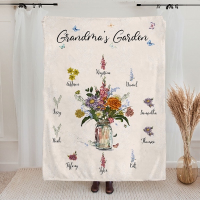 Custom Name Birth Flower Bouquet Blanket, Nana's Garden Blanket with Kids Name, Throw Blanket for Couch, Birthday/Mother's Day Gift for Mom/Grandma