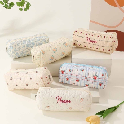 Personalized Name Plaid Floral Quilted Cotton Pencil Case, Cute Creamy Blue Cosmetic Bag, Small Capacity Makeup Bag, Embroidered Makeup Bag