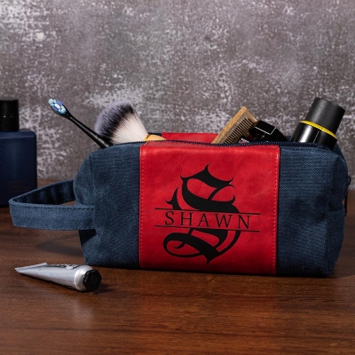 Personalized Name & Initial Toiletry Bag for Men, Custom Canvas Leather Travel Toiletry Bag, Shaving Kit Bag, Gift for Groomsmen/Dad/Boyfriend