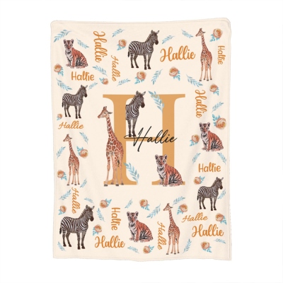 Couverture personnalisée avec nom d'animal de la jungle et initiale, couverture en flanelle/sherpa, jeté doux pour lit, canapé, cadeau de fête des enfants/d'anniversaire pour les enfants/amoureux des animaux