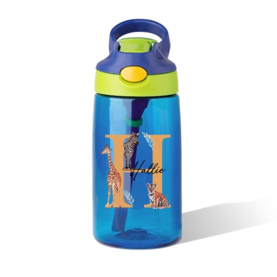 Custom Name Jungle Animal Water Bottle with Initial, 16oz Plastic Eco-Friendly Cup with Straw, Back to School/Birthday Gift for Kids/Animal Lovers