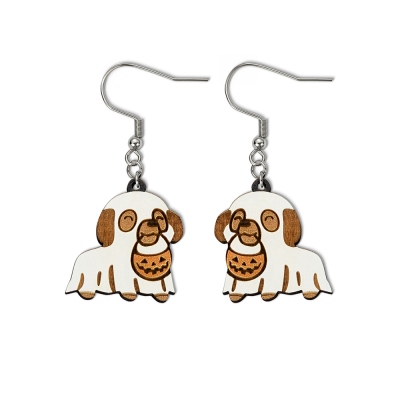 Boucles d'oreilles en forme de chiot fantôme effrayant avec citrouille, bijoux pour un bonbon ou un sort, boucles d'oreilles mignonnes pour chien d'Halloween, cadeaux d'Halloween pour filles/femmes/amoureux des chiens