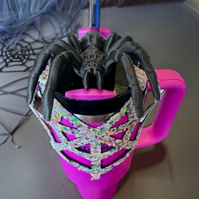 Giant Spider Tumbler Topper with Spooky Glitter Spider Web, 3D Printed Tumble Topper for 40oz Tumbler, Halloween Gift for Spider Lover/Halloween Lover