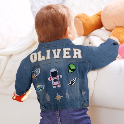 Gepersonaliseerde Chenille Letter Patch Jean Jacket, Custom Cute Icon Patch Toddler Denim Jacket, DIY Decoratie, Verjaardagscadeau voor Jongen/Meisje/Kind