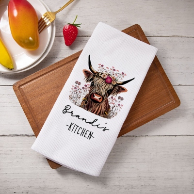 Custom Floral Highland Cow 100% Cotton Quick Drying Waffle Tea Towel with Name, Housewarming/Christmas Gift for Her/Highland Cow Lovers