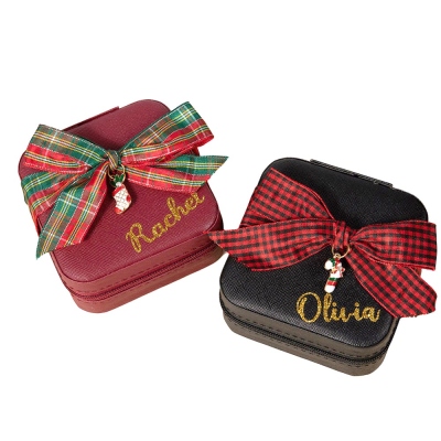 Personalized Christmas Travel Jewelry Case with Christmas Charm & Bow, Custom Glitter Gold Name Leather Jewelry Box, Christmas Gift for Girl/Woman/Her