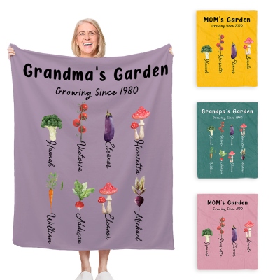 Personalized Garden Vegetable Blanket, Custom 1-8 Names Family Blanket with Multiple Colors, Christmas/Mother's Day Gift for Mom/Grandmom/Her