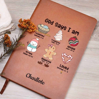 God Says Personalized Christmas Gift Leather Journal, Gift for Christian Women, Personalized Christmas Religious Gift, For Christian Friend