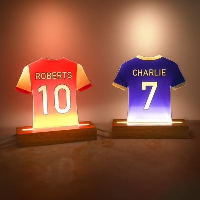 Veilleuse de maillot de football avec nom et numéro personnalisés, lampe LED en acrylique avec base en bois, décoration de chambre d'enfant, cadeau d'anniversaire pour garçons/fans de sport