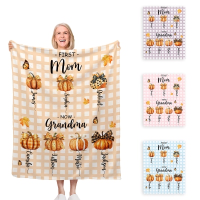 Personalized First Mom Now Grandmom Blanket, Halloween Pumpkin Family Blanket, Custom Name Blanket, Halloween Gift for Mom/Grandmom/Her