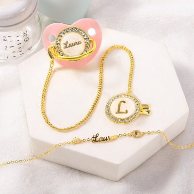 Set di clip per porta ciuccio con nome personalizzato, senza BPA, succhietto in silicone personalizzato per neonati da 0 a 6 mesi, bambine/bambini/prematuri, regali di lusso in oro per neonati