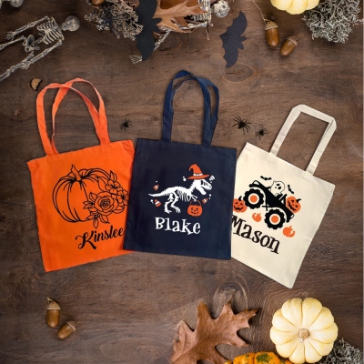 Custom Name Spooky Halloween Tote Bag, Pumpkin Ghost Spider Linen Trick or Treat Bag, Halloween Candy Sack Gift Bag, Halloween Gift for Kids/Teens