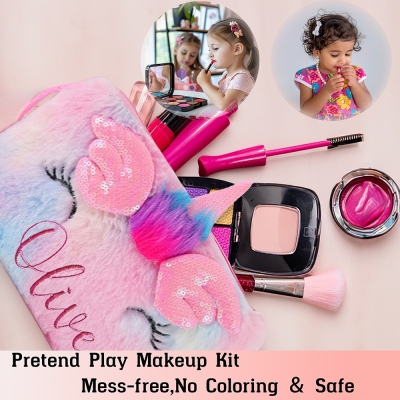 Personalized Embroidered Name Pretend Play Makeup Kit with Unicorn Theme Cosmetic Bag, Kid Makeup Toy Set, Birthday/Christmas Gift for Little Girls