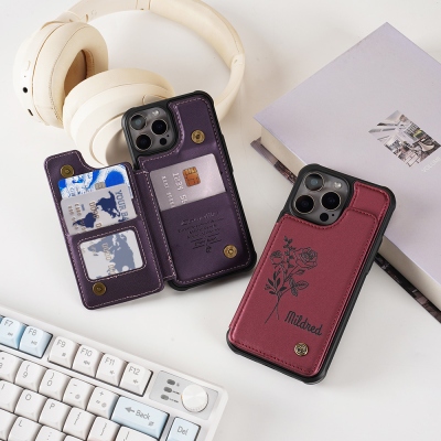 Étui portefeuille personnalisé pour téléphone avec porte-cartes, motif fleur de naissance, blocage RFID, étui portefeuille en cuir antichoc pour iPhone, cadeau pour elle/maman/femme