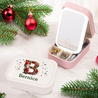 Custom Christmas Elf Leather Jewelry Box with Flower Initial Name, Portable Makeup Box with Tri-color Adjustable Makeup Mirror, Christmas Gift for Her