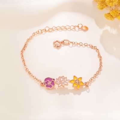 Bracelet personnalisé avec fleurs pour naissances multiples, bracelet à breloques florales en argent sterling 925, bijoux de famille, cadeau d'anniversaire/fête des mères pour maman/grand-mère/elle