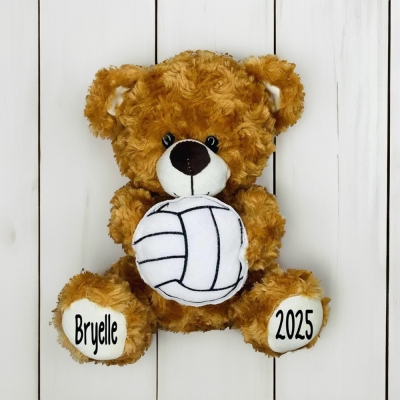 Ours en peluche de sport avec nom et numéro personnalisés, jouet doux en peluche tenant une balle de baseball/softball/volley-ball/football/rugby, cadeau d'anniversaire pour enfants/amateurs de sport