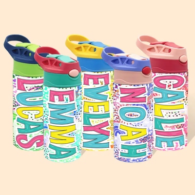 Bouteille d'eau arc-en-ciel avec nom personnalisé, gobelet en acier inoxydable de 12 oz pour enfants avec paille en silicone et poignée portable, cadeau d'anniversaire/Pâques/rentrée scolaire pour enfant