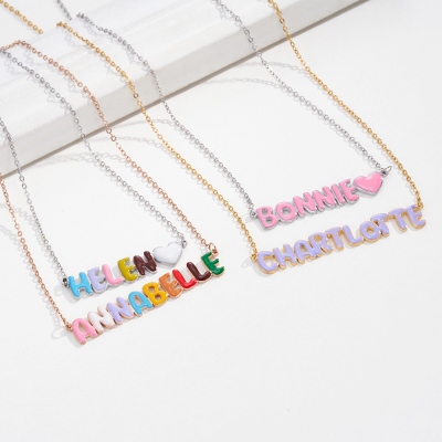 Custom Necklace with Enamel Bubble Name & Heart, 3D Colorful Bubble Letter Heart Pendant Jewelry, Birthday/Christmas/Anniversary Gift for Women/Girls