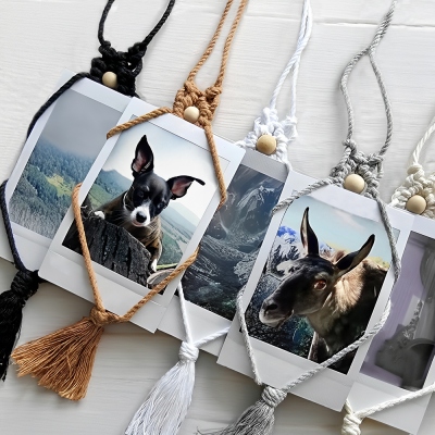 Ciondolo per auto con foto Polaroid in macramè e diffusore di oli essenziali, accessorio da appendere allo specchietto retrovisore dell'auto, decorazione da parete boho, regalo per la festa della mamma/San Valentino/damigella d'onore