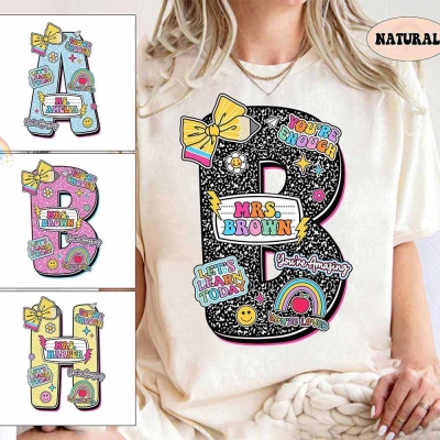 Gepersonaliseerd naam glitter initiaal leraar shirt, compositie boek ontwerp katoenen T-shirt/sweatshirt, terug naar school/waardering cadeau voor leraren