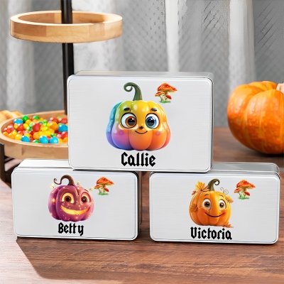 Custom Name Pumpkin Mushroom Design Candy Box, Cartoon Pumpkin Storage Tin, Trick or Treat Box, Party Favor, Halloween Gift for Kids/Boys/Girls