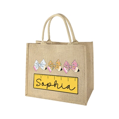 Sac à main en toile de jute avec nom personnalisé, motif crayon, nœud, règle, sac fourre-tout de grande capacité, cadeau pour la fête des enseignants/la rentrée scolaire/appréciation des enseignants