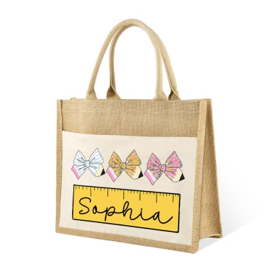 Sac fourre-tout personnalisé avec nom, motif crayon, nœud, règle, grande capacité, sac en jute et coton pour enseignant, cadeau de rentrée scolaire/d'appréciation/d'anniversaire pour les enseignants