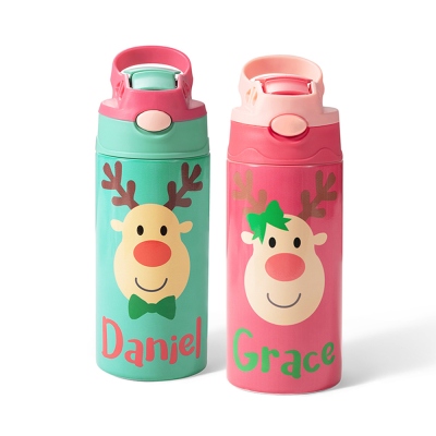 Weihnachts-Rentier-Wasserflasche mit personalisiertem Namen, Edelstahl-Kinderbecher (344 ml), mit Silikon-Strohhalm und auslaufsicherem Deckel, Weihnachtsgeschenk für Kinder