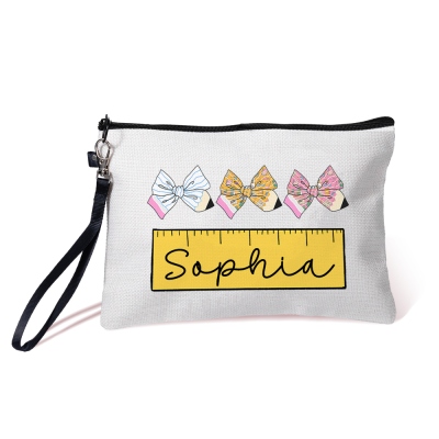 Custom Pencil Coquette Bow Ruler Pattern Makeup Bag with Name, Linen Cosmetic Bag with Wrist Strap, Back to School/Appreciation Gift for Teachers