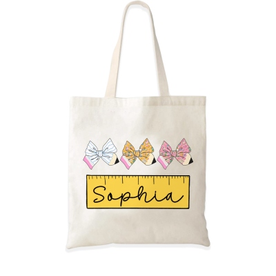 Personalized Name Pencil Coquette Bow Teacher Bag, Large Capacity Canvas Bag, Reusable Shopping Bag, Teacher's Day/Appreciation Gift for Teachers