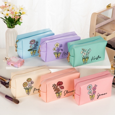 Personalized Name Birth Flower Toiletry Bag with Bow, PU Leather Travel Makeup Bag with Zipper, Mother's Day/Birthday Gift for Mom/Wife/Girlfriend