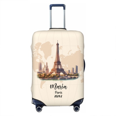 Custom Name Watercolor Landmark Luggage Cover, Baggage Suitcase Protector Fit for 18-32 Inch, Travel Accessory, Birthday/Christmas Gift for Traveler