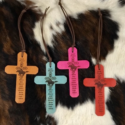 Personalized Name Laser Engraved Horse and Rider Safety Prayer Leather Cross, Cross Keychain