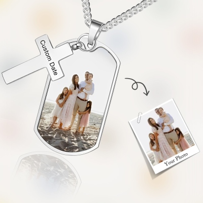 Personalized Photo Dog Tag Necklace with Cross Pendant, Custom Engraved Men’s Photo Memorial Necklace, Father’s Day/Christmas Gift for Dad/Grandpa/Him