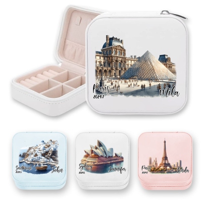 Personalized Name & Numbers Watercolor Landmark Design Jewelry Box, PU Leather Travel Jewelry Case, Birthday/Christmas/Travel Gift for Women/Mom/Wife